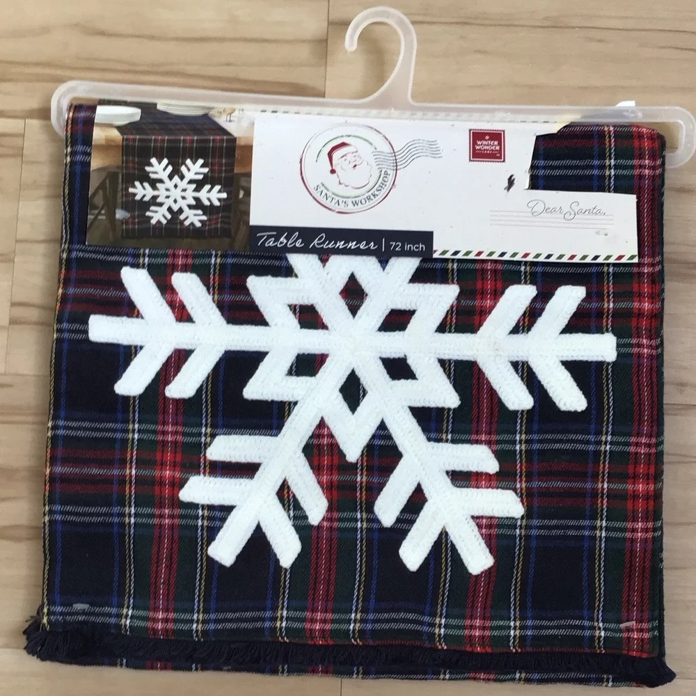 Santa’s Workshop Plaid Embroidered White Snowflake Applique Table Runner 72” NWT